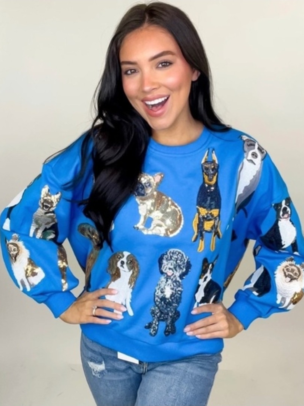 QUEEN OF SPARKLES Royal Blue Dog Crewneck Sweatshirt